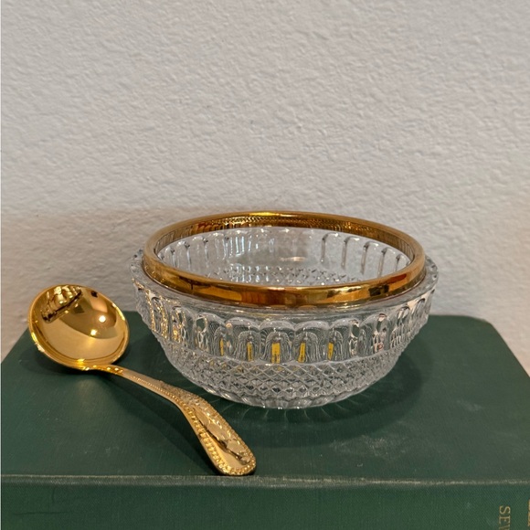 william adams Other - Vintage William Adams Gold Etched Lead Crystal Bowl with Silver Plated Spoon